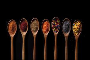 A row of wooden spoons filled with different types of spices on black background. photo