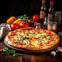 Pizza with mozzarella, tomatoes and basil on wooden background. photo