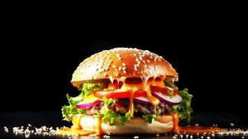 Cheeseburger with cheese, tomato, onion and lettuce on black background. Poster for fast food menu. photo