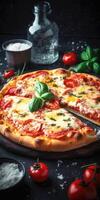 Pizza with mozzarella, tomatoes and basil on wooden background table. photo