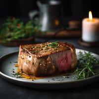 Juicy Beef Rib Eye Steak On Marble Textured Dark Background  with Herbs, Spices, and Salt. Generative ai. photo