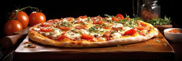 Pizza with mozzarella, tomatoes and basil on wooden background. photo