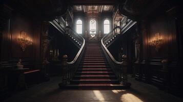 Dark gothic mansion hall in victorian style interior with staircase and lamp holders. Ai generated photo