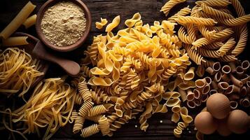 Uncooked pasta set on dark rustic background. Food poster. photo