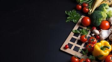 Fresh Veggie Border. Organic vegetables on natural black background. Ideal for healthy food designs. photo