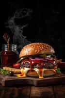 Delicious burger, grilled to perfection. Perfect for posters and menus. Flames add an extra touch. . photo