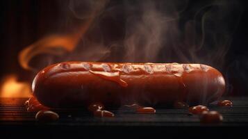 Juicy grilled sausage on a dark background, smoky flavor and mouth-watering aroma. Perfect for any BBQ poster. photo