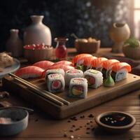 Sushi Rolls in a Warm and Inviting Setting. Isolated on a Cozy Background. Great for Your Menu, Food, or Culinary Illustrations. . photo