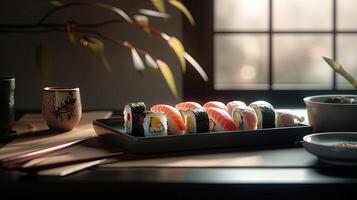 Sushi Rolls in a Warm and Inviting Setting. Isolated on a Cozy Background. Great for Your Menu, Food, or Culinary Illustrations. . photo