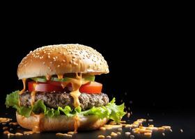 hamburguesa con queso con queso, tomate, cebolla y lechuga en negro antecedentes. póster para rápido comida menú. generativo ai foto