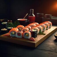 Sushi Rolls in a Warm and Inviting Setting. Isolated on a Cozy Background. Great for Your Menu, Food, or Culinary Illustrations. . photo