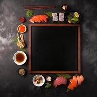 Freshly made sushi rolls isolated on a black background, perfect for food themed designs. Food poster template. photo