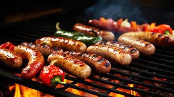 A la parrilla salchichas y vegetales en un llameante barbacoa parrilla. un delicioso comida póster para verano comida. generativo ai foto