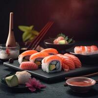 Sushi Rolls in a Warm and Inviting Setting. Isolated on a Cozy Background. Great for Your Menu, Food, or Culinary Illustrations. . photo