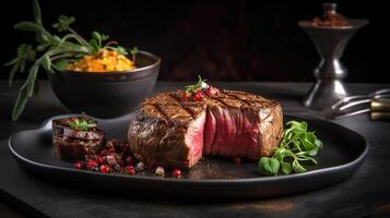 Juicy Beef Rib Eye Steak On Marble Textured Dark Background with Herbs, Spices, and Salt. . photo