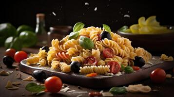 Delicious pasta dish with sauce on dark background. Perfect for food and Italian cuisine themes. photo