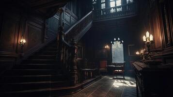 Dark gothic mansion hall in victorian style interior with staircase and lamp holders. photo