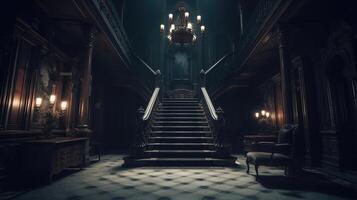 Dark gothic mansion hall in victorian style interior with staircase and lamp holders. photo