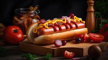 Juicy Hotdog with Spices, Toppings, Ketchup, Mayonnaise, and Fresh Salad. Colorful and Appetizing Against Dark Background. photo