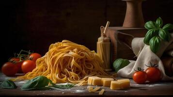 Fresh Tomatoes, Basil, and Pasta on Dark Rough Background. Vibrant Colors and Authentic Feel. photo