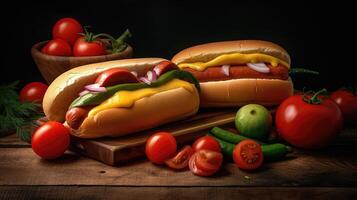 Juicy Hotdog with Spices, Toppings, Ketchup, Mayonnaise, and Fresh Salad. Colorful and Appetizing Against Dark Background. photo