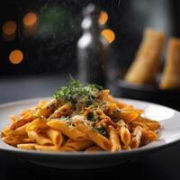 Delicious pasta dish with sauce on dark background. Perfect for food and Italian cuisine themes. photo