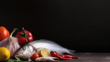 Raw seafood on rustic wood table, fish lemon and vegetables. Black backdrop. photo