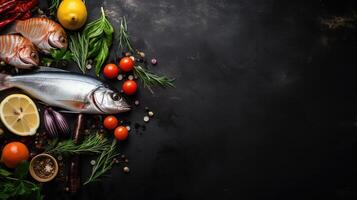 Ocean Bounty on Black Stone. Fresh Seafood with Lemon and Ice. Ideal for Menu or Poster. photo