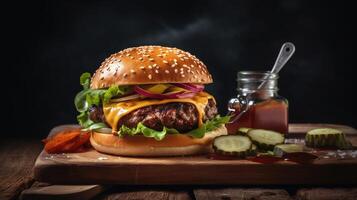 Delicious Burger Delight. Juicy patty, melted cheese, and crisp veggies on a dark backdrop. Perfectly satisfying. photo