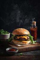 Delicious Burger Delight. Juicy patty, melted cheese, and crisp veggies on a dark backdrop. Perfectly satisfying. photo