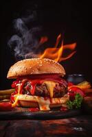 Delicious burger, grilled to perfection. Perfect for posters and menus. Flames add an extra touch. . photo