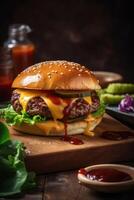 Delicious Burger Delight. Juicy patty, melted cheese, and crisp veggies on a dark backdrop. Perfectly satisfying. photo