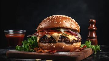 Delicious Burger Delight. Juicy patty, melted cheese, and crisp veggies on a dark backdrop. Perfectly satisfying. photo