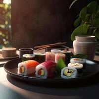 Sushi Rolls in a Warm and Inviting Setting. Isolated on a Cozy Background. Great for Your Menu, Food, or Culinary Illustrations. . photo