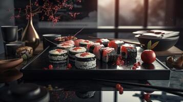 Sushi Rolls in a Warm and Inviting Setting. Isolated on a Cozy Background. Great for Your Menu, Food, or Culinary Illustrations. . photo