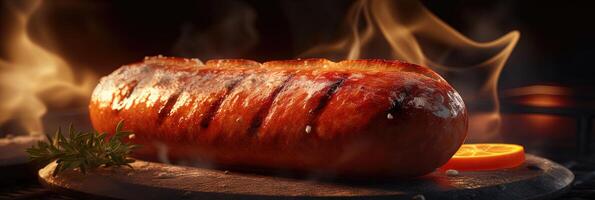 Delicious fried sausage with flames on a dark background, filled with taste and irresistible aroma. Ideal for BBQ. . photo