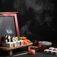 Freshly made sushi rolls isolated on a black background, perfect for food themed designs. Food poster template. photo