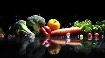 Black background with an assortment of fresh vegetables, fruits, and water splashes. Healthy food. . photo