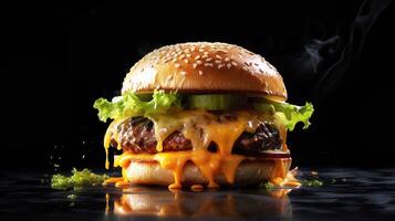 Big and tasty Cheese burger on black background with copy space for your text. Food poster. . photo