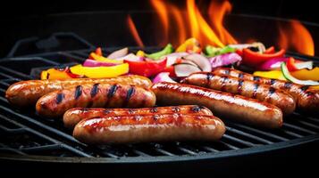 A la parrilla salchichas y vegetales en un llameante barbacoa parrilla. un delicioso comida póster para verano comida. generativo ai foto