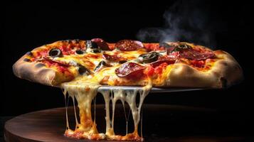 Wood fired pizza with salami, pepper and cheese on a wooden board with smoke and flames. Black backdrop. photo