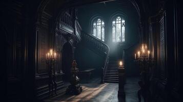 Dark gothic mansion hall in victorian style interior with staircase and lamp holders. photo