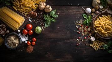 Fresco Tomates, albahaca, y pasta en oscuro áspero antecedentes. vibrante colores y auténtico sentir. generativo ai foto