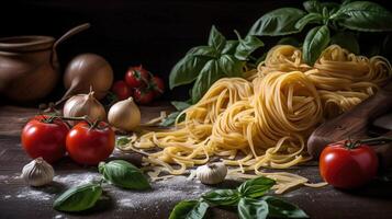 Fresh Tomatoes, Basil, and Pasta on Dark Rough Background. Vibrant Colors and Authentic Feel. photo