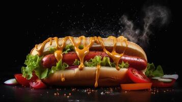 Juicy Hotdog with Spices, Toppings, Ketchup, Mayonnaise, and Fresh Salad. Colorful and Appetizing Against Dark Background. photo