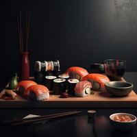 Sushi Rolls in a Warm and Inviting Setting. Isolated on a Cozy Background. Great for Your Menu, Food, or Culinary Illustrations. . photo