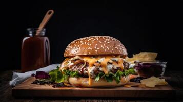 delicioso hamburguesa deleitar. jugoso empanada, Derretido queso, y crujiente verduras en un oscuro fondo. perfectamente satisfactorio. generativo ai foto