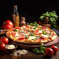 Pizza with mozzarella, tomatoes and basil on wooden background table. photo