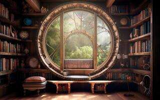 Vintage retro library with large circle window and sun rays. . photo