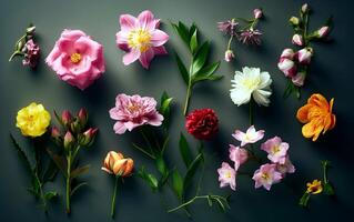 hermosa y vistoso flores terminado oscuro antecedentes. generativo ai. foto